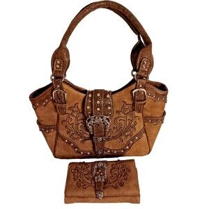 Western Style Tooled Leather Conceal Carry Purse & Wallet Set Country Style